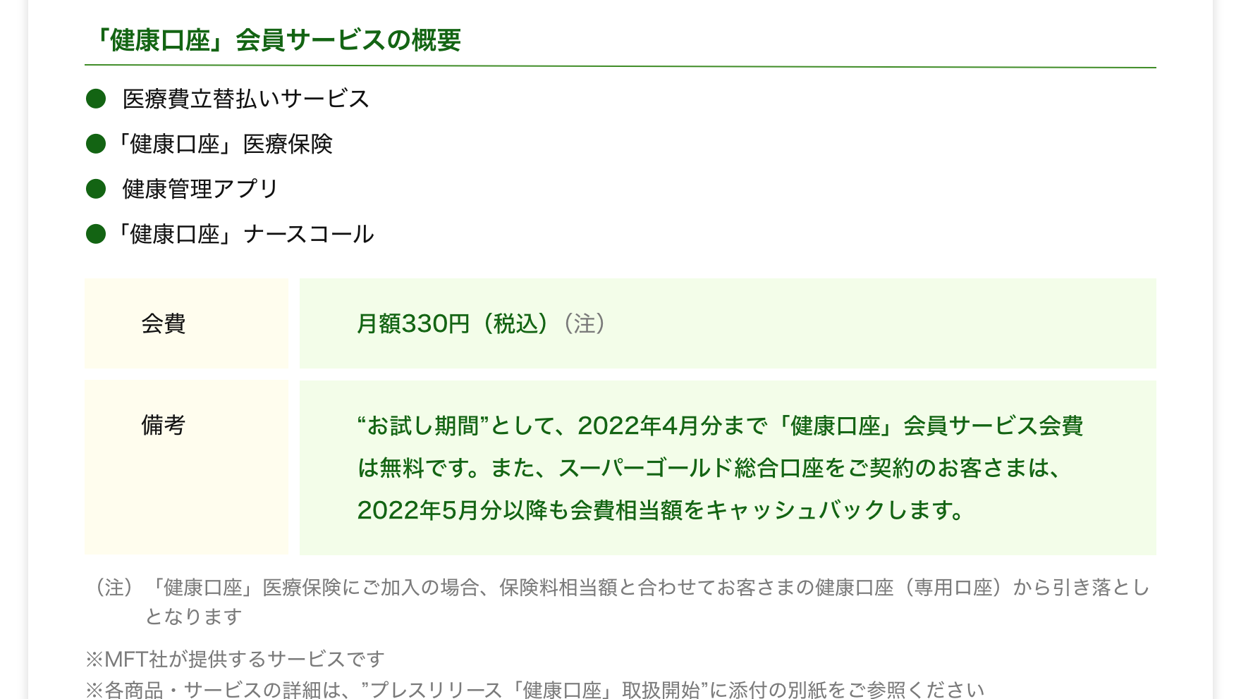 「健康口座」会員サービスの概要