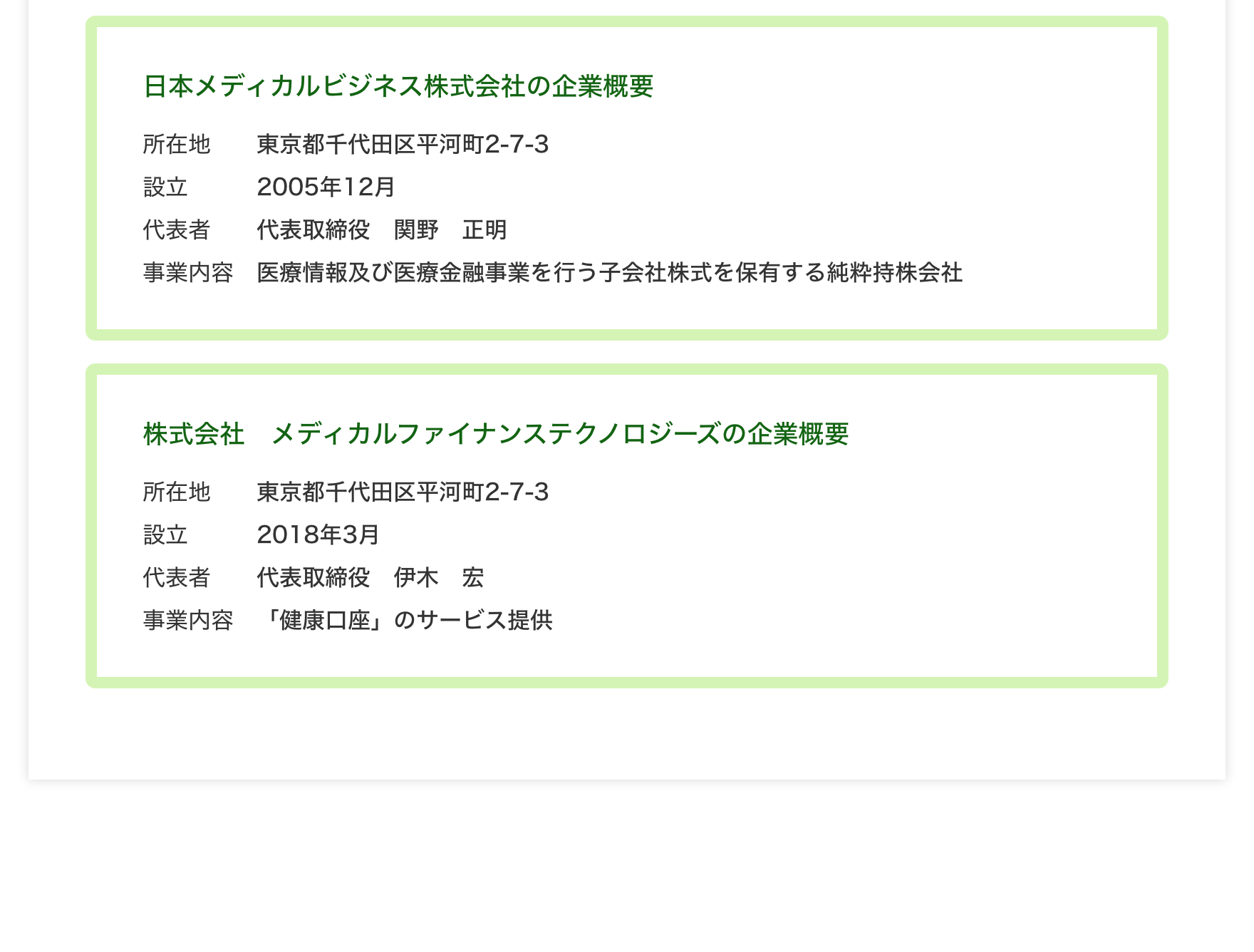 日本メディカルビジネス株式会社の企業概要、株式会社 メディカルファイナンステクノロジーズの企業概要